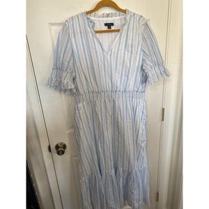 Re-imagined By J Crew Blue/White Stripped Vneck Ruffled Trim Cotton Dress Sz XXL